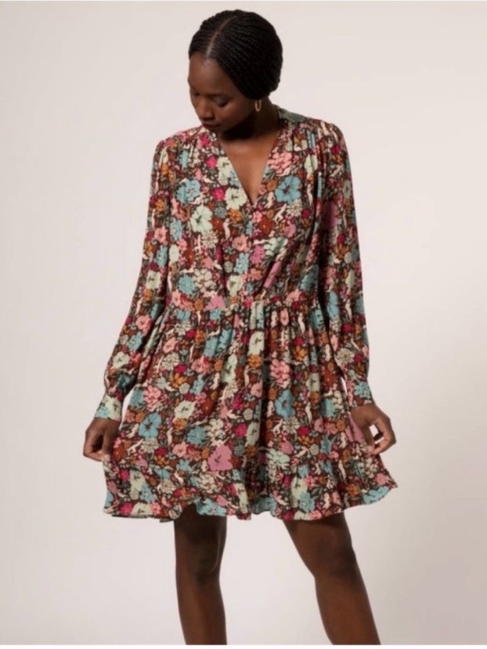 FRNCH PARIS Multi Colour Floral Vintage Boho Inspired Mini Dress Size M